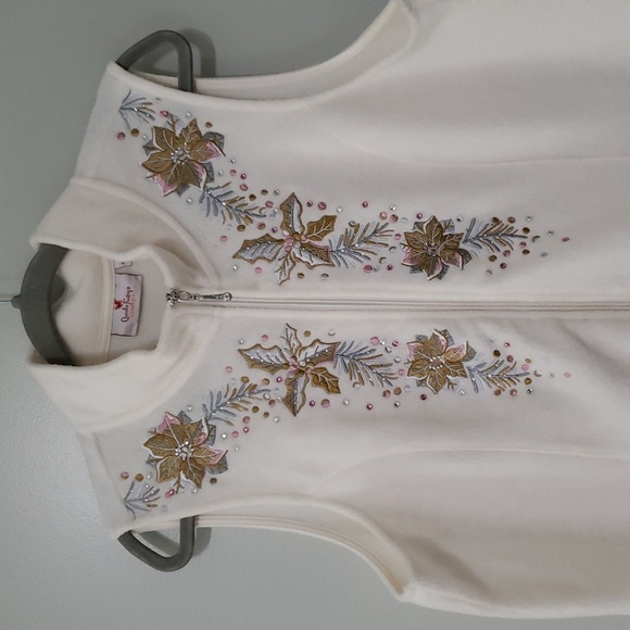 Quacker Factory Women Zip Fleece Vest Winter White Poinsettia Holiday Christmas - Picture 2 of 13